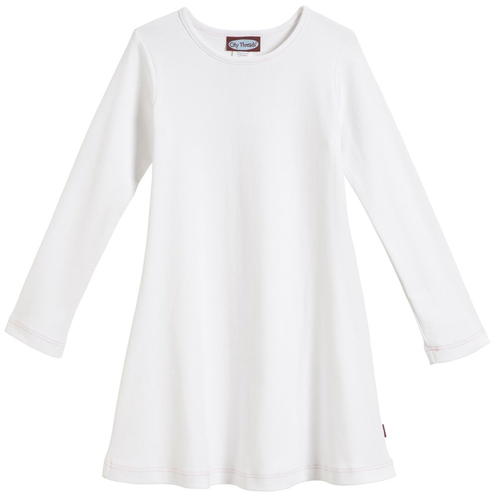 City Threads Girls' Cotton Long Sleeve Dress for School Party Dress Play Base Layer for Sensitive Skin SPD Sensory Friendly, White, 2T