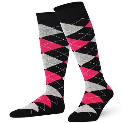 Mysocks Argyle Knee High Socks for Men and Women - Novelty Horse Riding Checkered Plaid Golf Socks - Soft Stretchy Argyle Socks Black Ash Fuchsia
