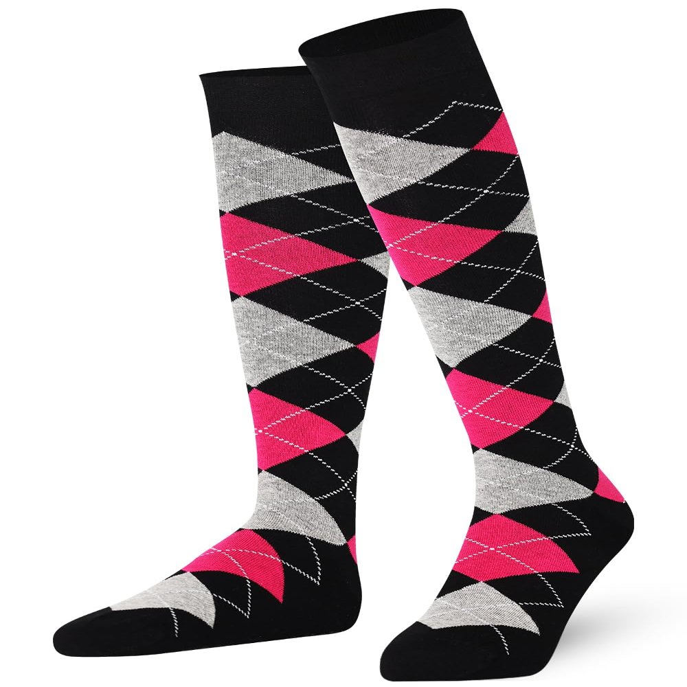 Mysocks Argyle Knee High Socks for Men and Women - Novelty Horse Riding Checkered Plaid Golf Socks - Soft Stretchy Argyle Socks Black Ash Fuchsia