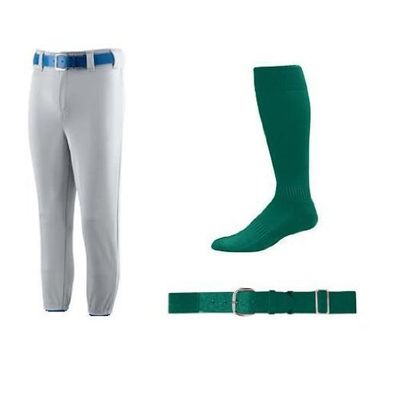Grey Youth Medium Baseball/Softball Pants with Dark Green Socks & Dark Green Belt