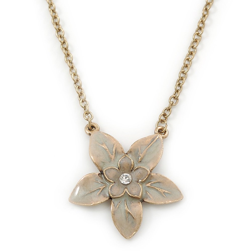 Avalaya Beige Grey Enamel Flower Pendant With Gold Tone Chain - 36cm Length/ 7cm Extension