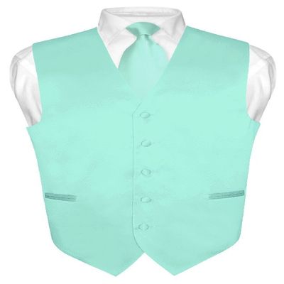 Vesuvio Napoli Men's Dress Vest & NeckTie Solid AQUA GREEN Color Neck Tie Set sz 3XL