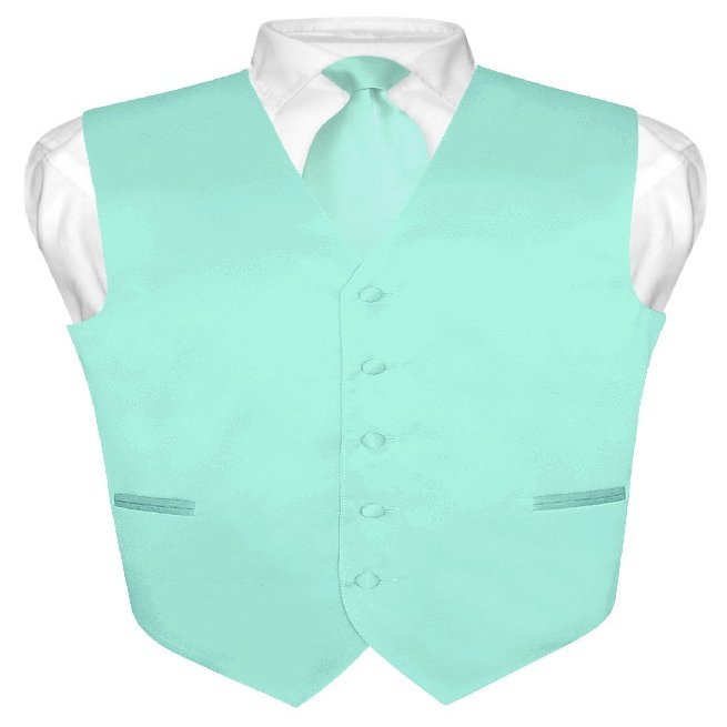 Vesuvio Napoli Men's Dress Vest & NeckTie Solid AQUA GREEN Color Neck Tie Set sz 3XL