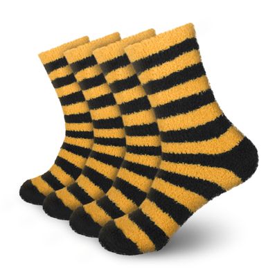 BambooMN Women's Fuzzy Team Spirit Socks - Super Soft Microfiber Game Day Sports Socks - Striped Black & Yellow - 4 Pairs