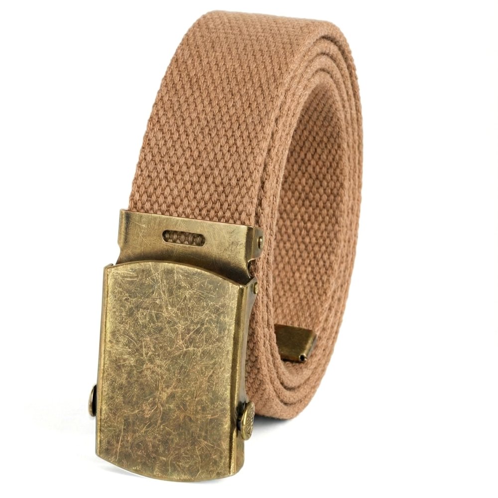 BC Belts Canvas Web Belt Military Style with Antique Brass Buckle and Tip 50" Long (Light Brown)