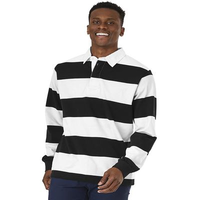 Charles River Apparel Unisex Rugby Shirt, Mens and Womens Cotton Jersey with Classic Stripe Design, Black/White, Large