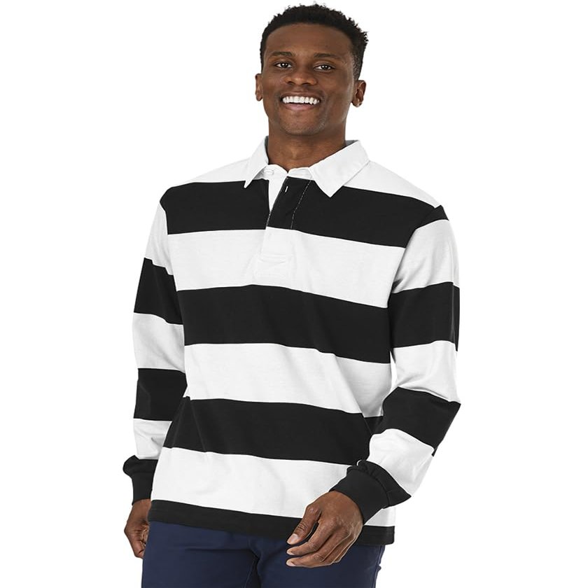 Charles River Apparel Unisex Rugby Shirt, Mens and Womens Cotton Jersey with Classic Stripe Design, Black/White, Large