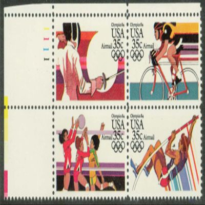 1983 Olympics Mint Plate Block Complete Set: Fencing, Cycling, Volleyball, Pole Vault, Scott C109-C112, C112a