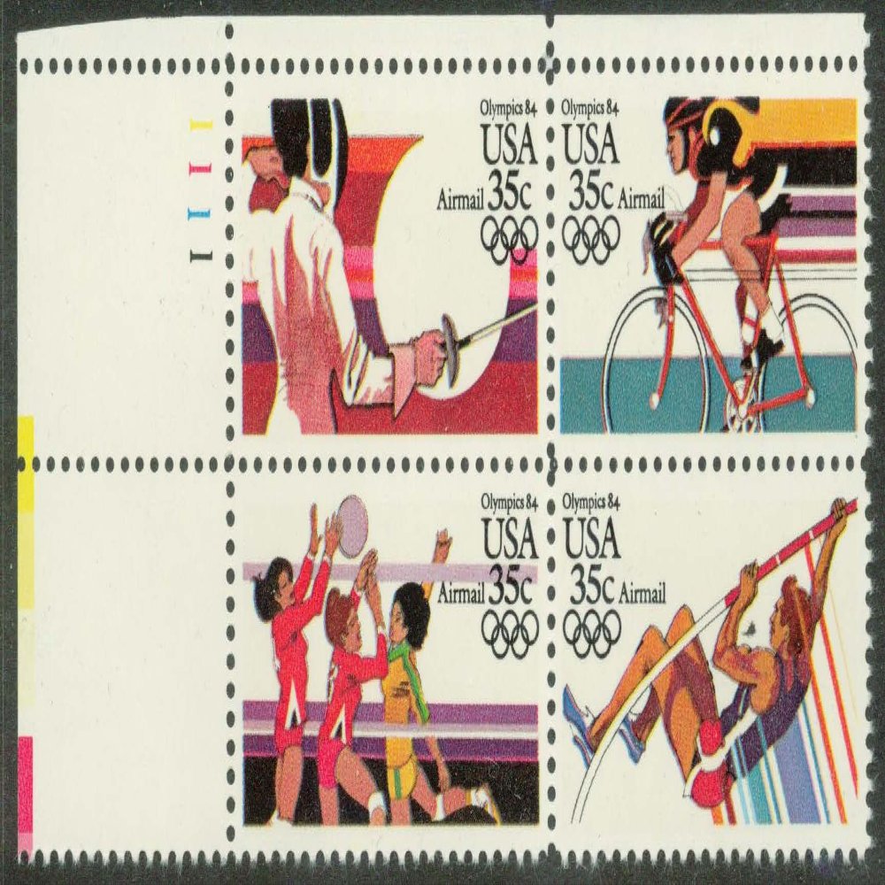 1983 Olympics Mint Plate Block Complete Set: Fencing, Cycling, Volleyball, Pole Vault, Scott C109-C112, C112a