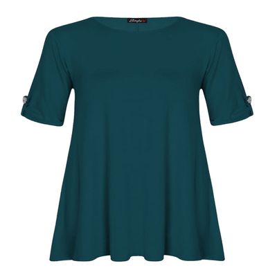 Forever Womens Plus Size Turn Up Button Sleeves Swing Dress (M/L = 10/12, Teal)