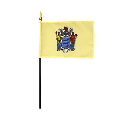12 Pack 4 in. X 6 in. New Jersey Mounted on a 10 in. Black Staff with Gold Spear tip