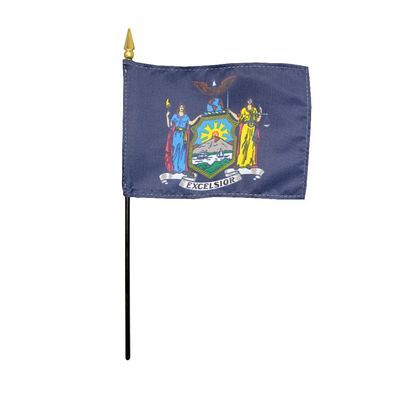 12 Pack 4 in. X 6 in. New York State Mounted on a 10 in. Black Staff with Gold Spear tip