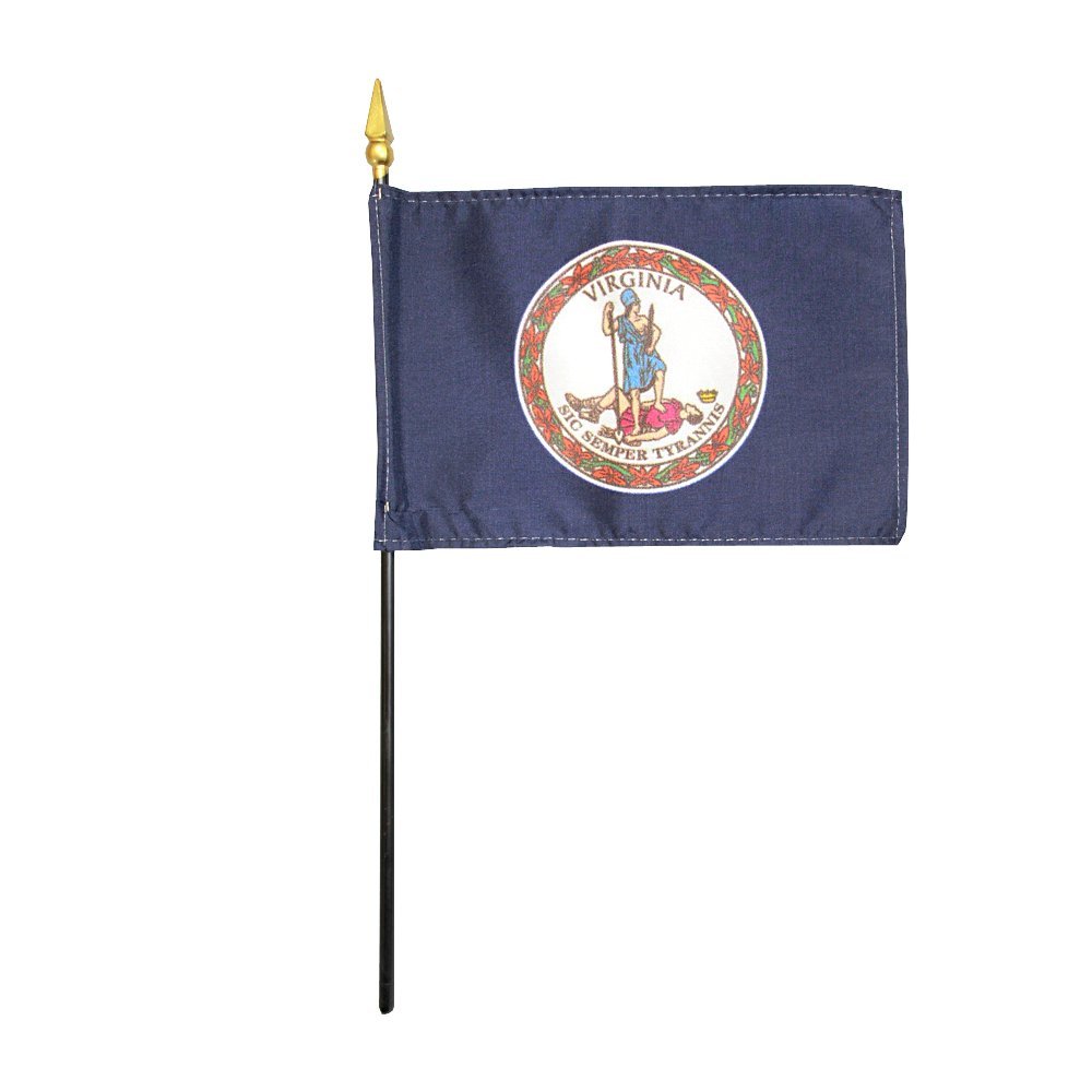 12 Pack 4 in. X 6 in. Virginia Mounted on a 10 in. Black Staff with Gold Spear tip