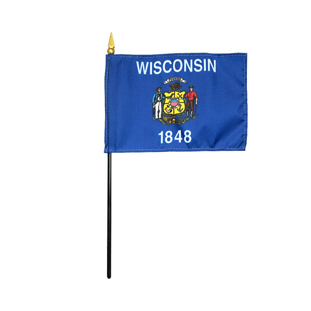 12 Pack 4 in. X 6 in. Wisconsin Mounted on a 10 in. Black Staff with Gold Spear tip