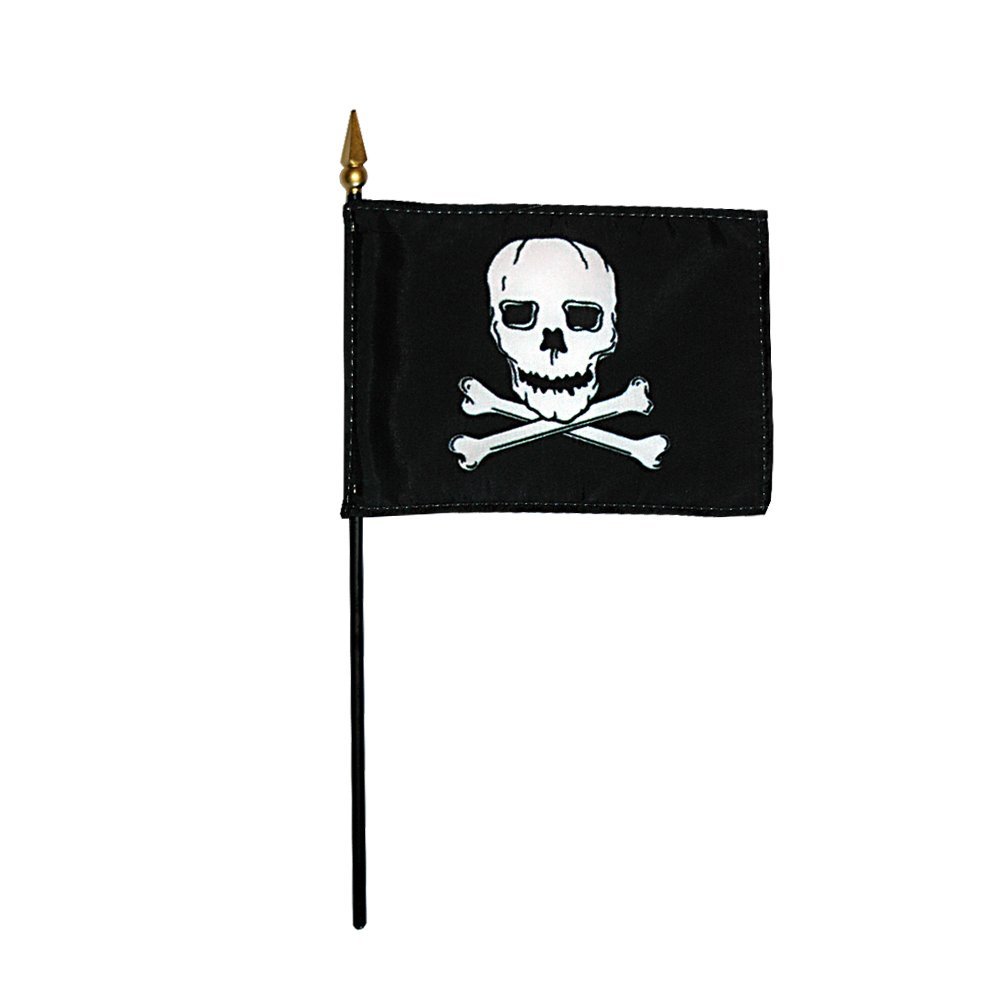 12 Pack 4 in. X 6 in. Jolly Roger Mounted on a 10 in. Black Staff with Gold Spear tip