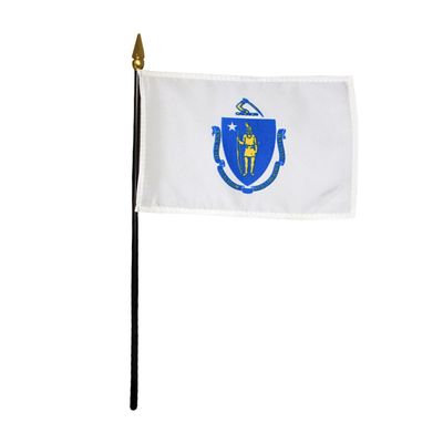 12 Pack 4 in. X 6 in. Massachusetts Mounted on a 10 in. Black Staff with Gold Spear tip