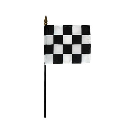 12 Pack 4 in. X 6 in. Checkered Race Mounted on a 10 in. Black Staff with Gold Spear tip.
