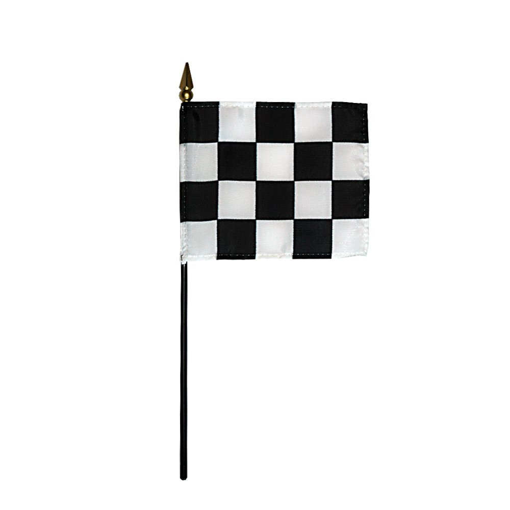 12 Pack 4 in. X 6 in. Checkered Race Mounted on a 10 in. Black Staff with Gold Spear tip.