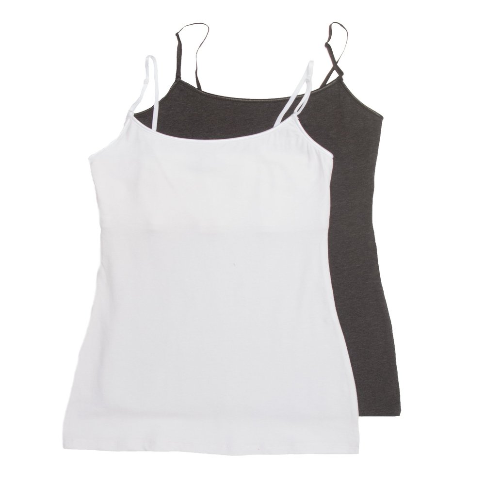 2 Pack Active Basic Women's Long Cami w/ Built in Bra Large Charcoal, White