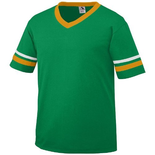 Augusta Sportswear Youth Medium Kelly Green Shirt, White/Gold Striped Sleeves 50/50 Poly/Cotton
