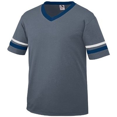 Augusta Sportswear Youth Large Graphite Shirt, Navy/White Striped Sleeves 50/50 Poly/Cotton