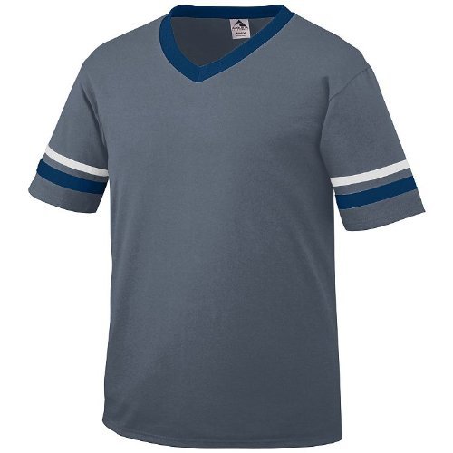 Augusta Sportswear Youth Large Graphite Shirt, Navy/White Striped Sleeves 50/50 Poly/Cotton
