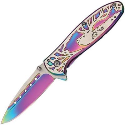 SZCO 4.5" Rainbow Folding Pocket Knife with Deer Design, Stainless Steel Blade and Handle, Liner Lock EDC Knife with Pocket Clip for Camping, Hiking, and Gift Use  Titanium Finish