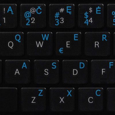 LITHUANIAN KEYBOARD LABELS ON TRANSPARENT BACKGROUND with BLUE LETTERING (14X14)