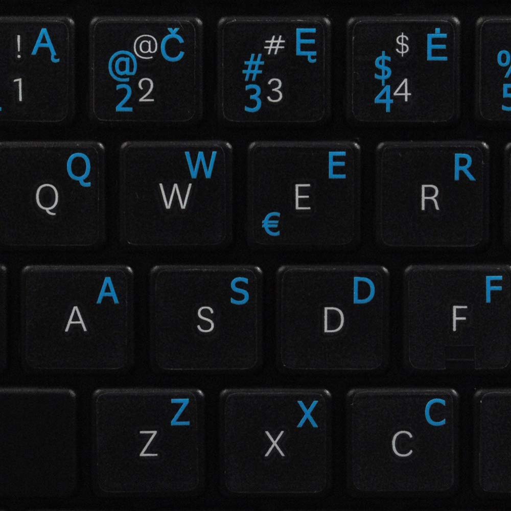 LITHUANIAN KEYBOARD LABELS ON TRANSPARENT BACKGROUND with BLUE LETTERING (14X14)