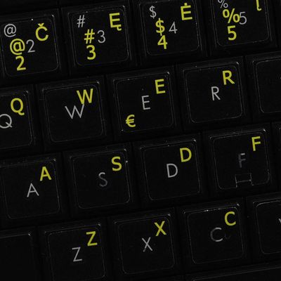 LITHUANIAN KEYBOARD LABELS ON TRANSPARENT BACKGROUND with YELLOW LETTERING (14X14)