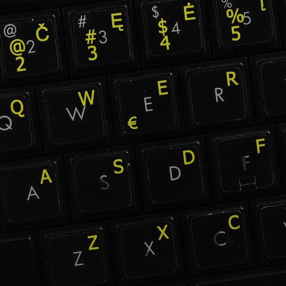 LITHUANIAN KEYBOARD LABELS ON TRANSPARENT BACKGROUND with YELLOW LETTERING (14X14)