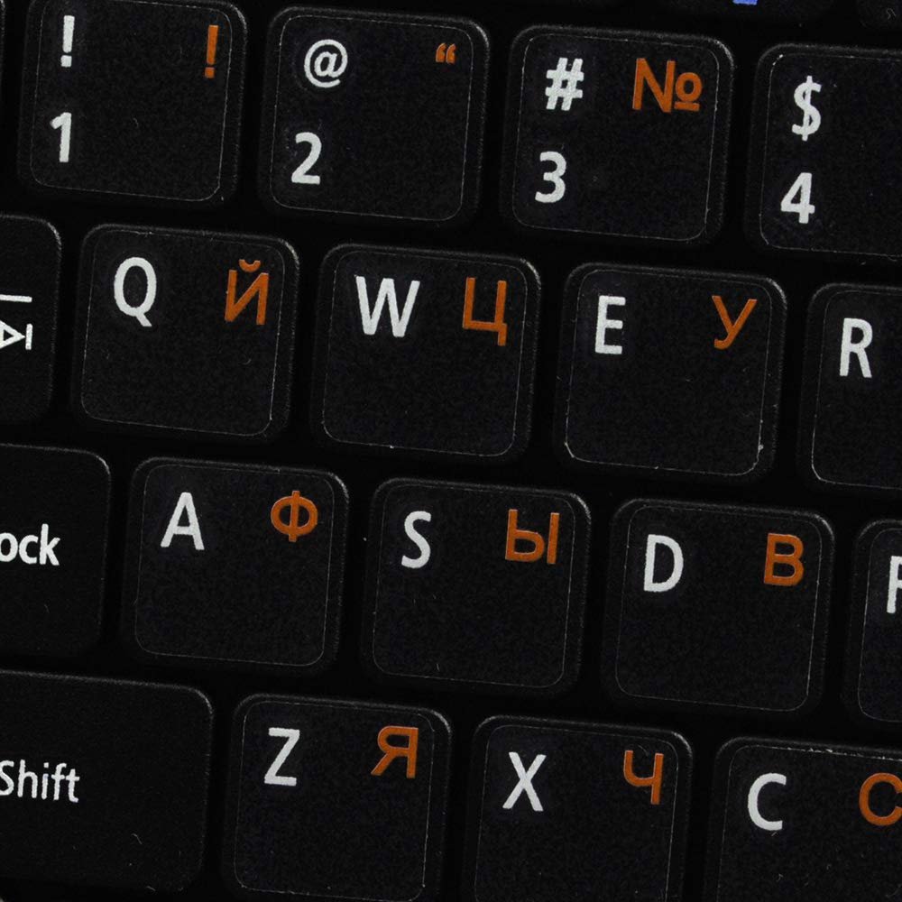 Russian Cyrillic Keyboard Labels Layout ON Transparent Background with Blue, Orange, RED, White OR Yellow Lettering (14X14) (Orange)