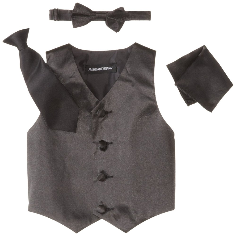 American Exchange Baby Boys' Satin 4 Piece Vest Set, Black, X Large/24 Months