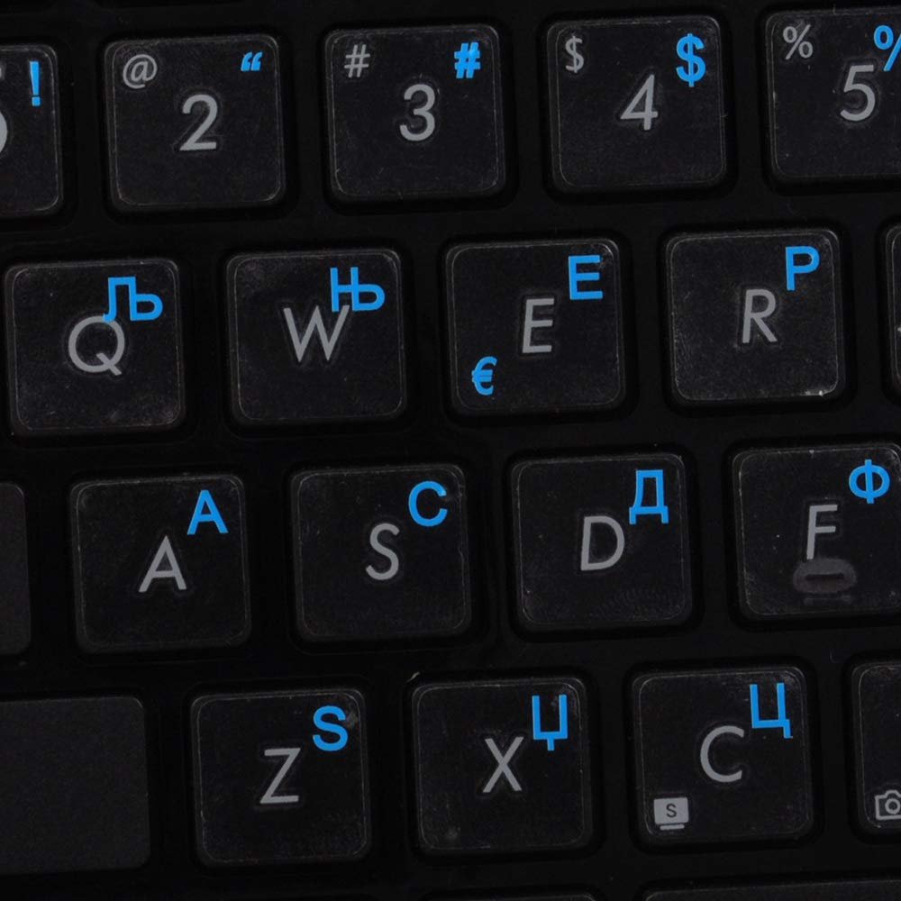 Serbian Keyboard Labels Layout ON Transparent Background with Blue, Orange, RED, White OR Yellow Lettering (14X14) (Blue)