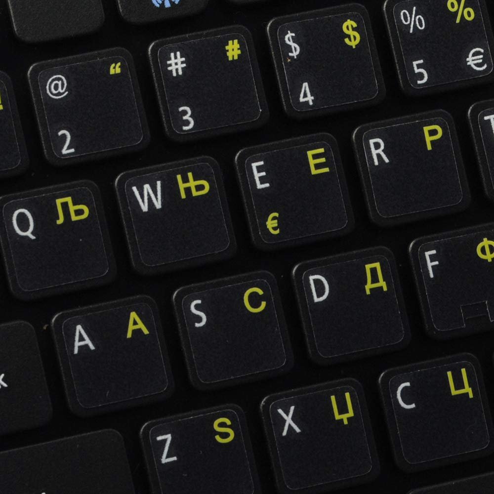 Serbian Keyboard Labels Layout ON Transparent Background with Blue, Orange, RED, White OR Yellow Lettering (14X14) (Yellow)