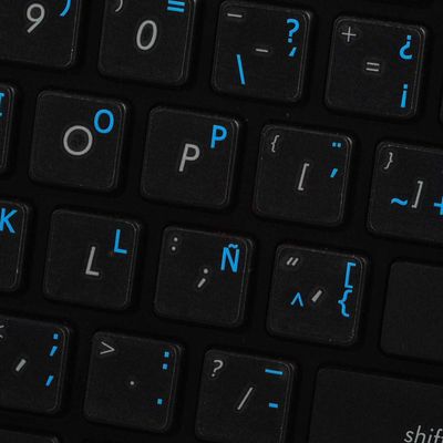SPANISH LATIN AMERICAN KEYBOARD LABELS ON TRANSPARENT BACKGROUND with BLUE LETTERING (14X14)