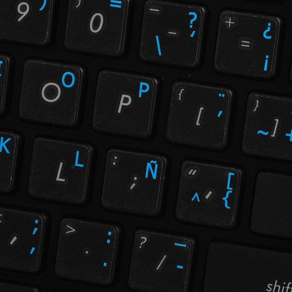 SPANISH LATIN AMERICAN KEYBOARD LABELS ON TRANSPARENT BACKGROUND with BLUE LETTERING (14X14)