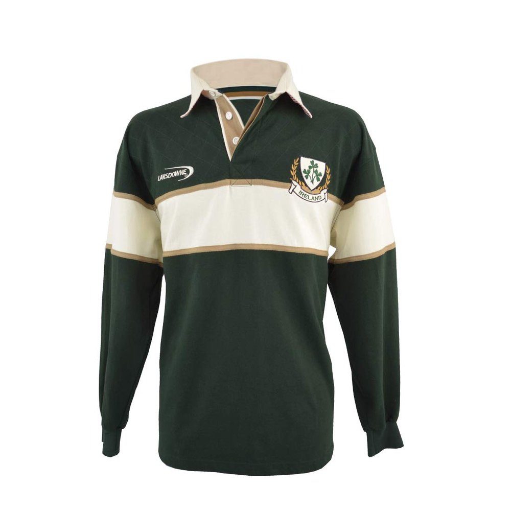 Lansdowne Polo Shirt with Cream & Gold Stripe and Ireland Shamrock Crest (Green, Large)