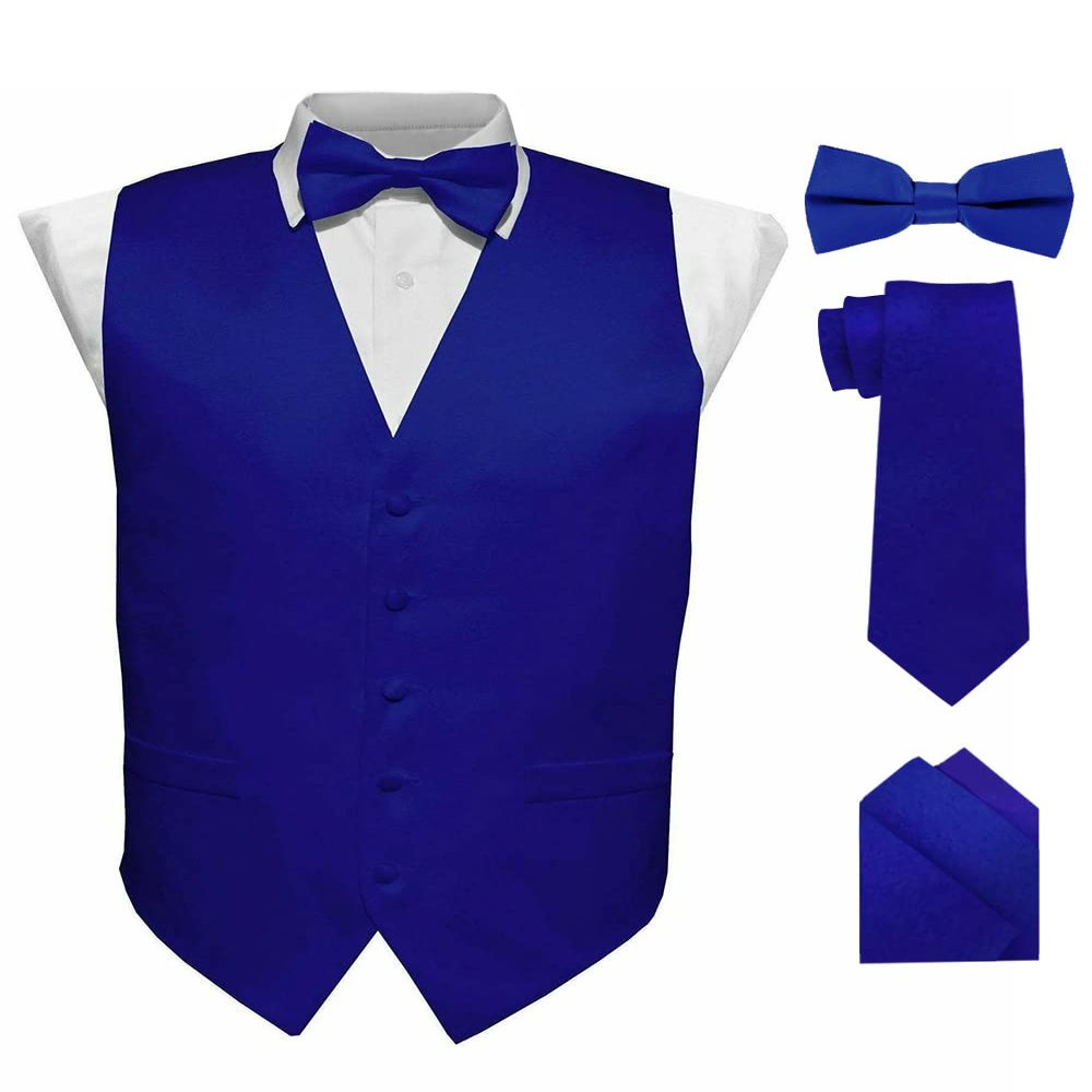 Vittorio Farina Solid Color Satin Suit Vest for Men Set of 4 - Vest, Tie, Bow Tie & Pocket Square (Royal)