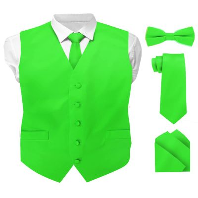 Vittorio Farina Solid Color Satin Suit Vest for Men Set of 4 - Vest, Tie, Bow Tie & Pocket Square (Lime)