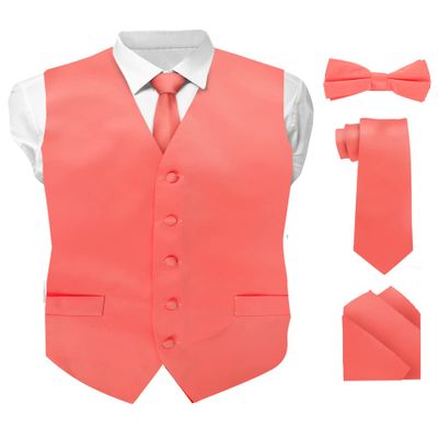 Vittorio Farina Solid Color Satin Suit Vest for Men Set of 4 - Vest, Tie, Bow Tie & Pocket Square (Coral)