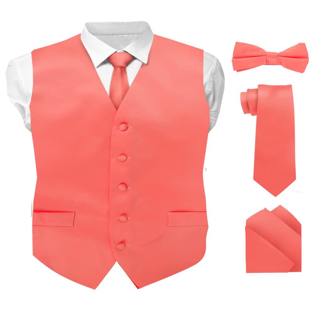 Vittorio Farina Solid Color Satin Suit Vest for Men Set of 4 - Vest, Tie, Bow Tie & Pocket Square (Coral)