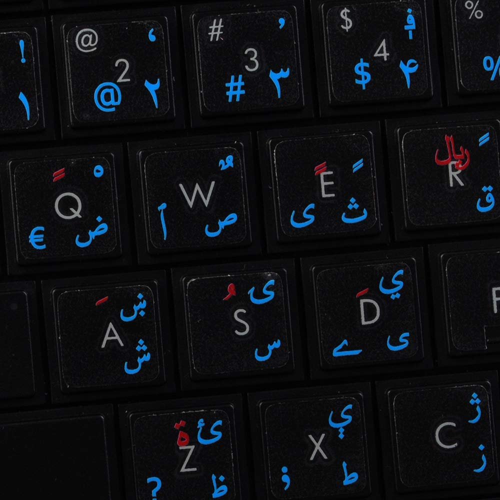 PASHTO & DARI - FARSI (PERSIAN) KEYBOARD LABELS ON TRANSPARENT BACKGROUND with RED & BLUE LETTERING (14X14)
