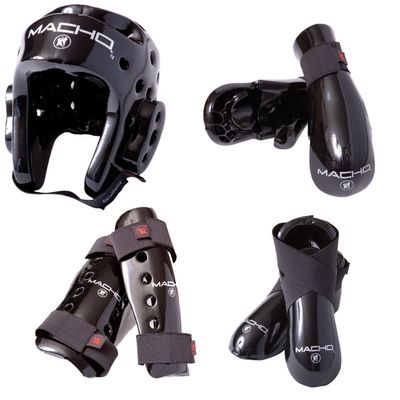 Macho Dyna 7 Piece Sparring Gear Set with shin Guards Black Adult XLarge