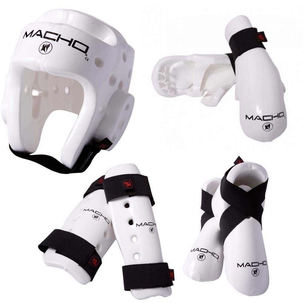 Macho Dyna 7 Piece Sparring Gear Set with shin Guards White Adult Large