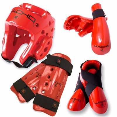 Macho Dyna 7 Piece Sparring Gear Set with shin Guards red Adult Large