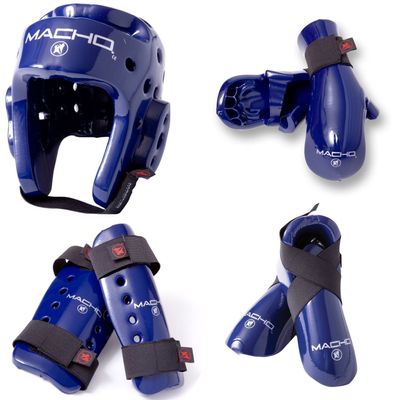 Macho Dyna 7 Piece Sparring Gear Set with shin Guards Blue Adult Small