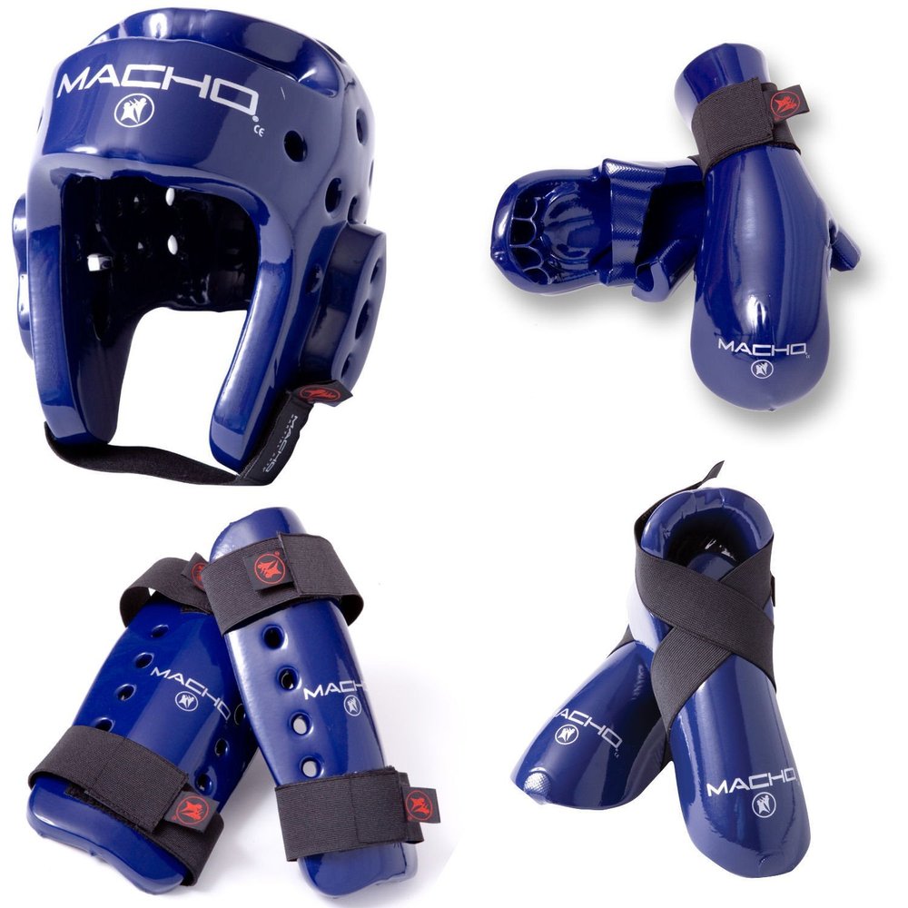Macho Dyna 7 Piece Sparring Gear Set with shin Guards Blue Adult Small
