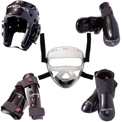Macho Dyna 8 piece sparring gear set with shin guards and face shield black child small