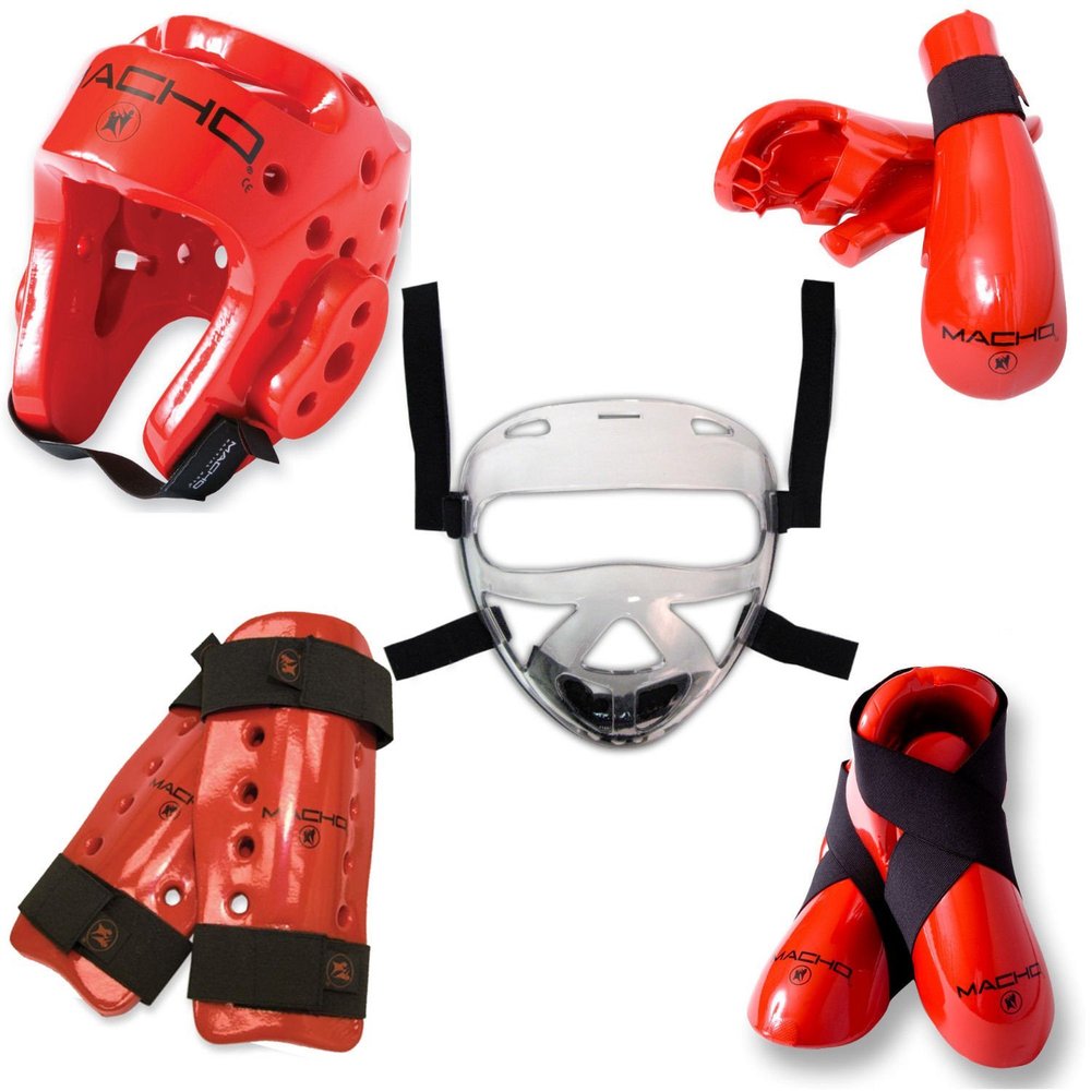 Macho Dyna 8 piece sparring gear set with shin guards and face shield red adult medium